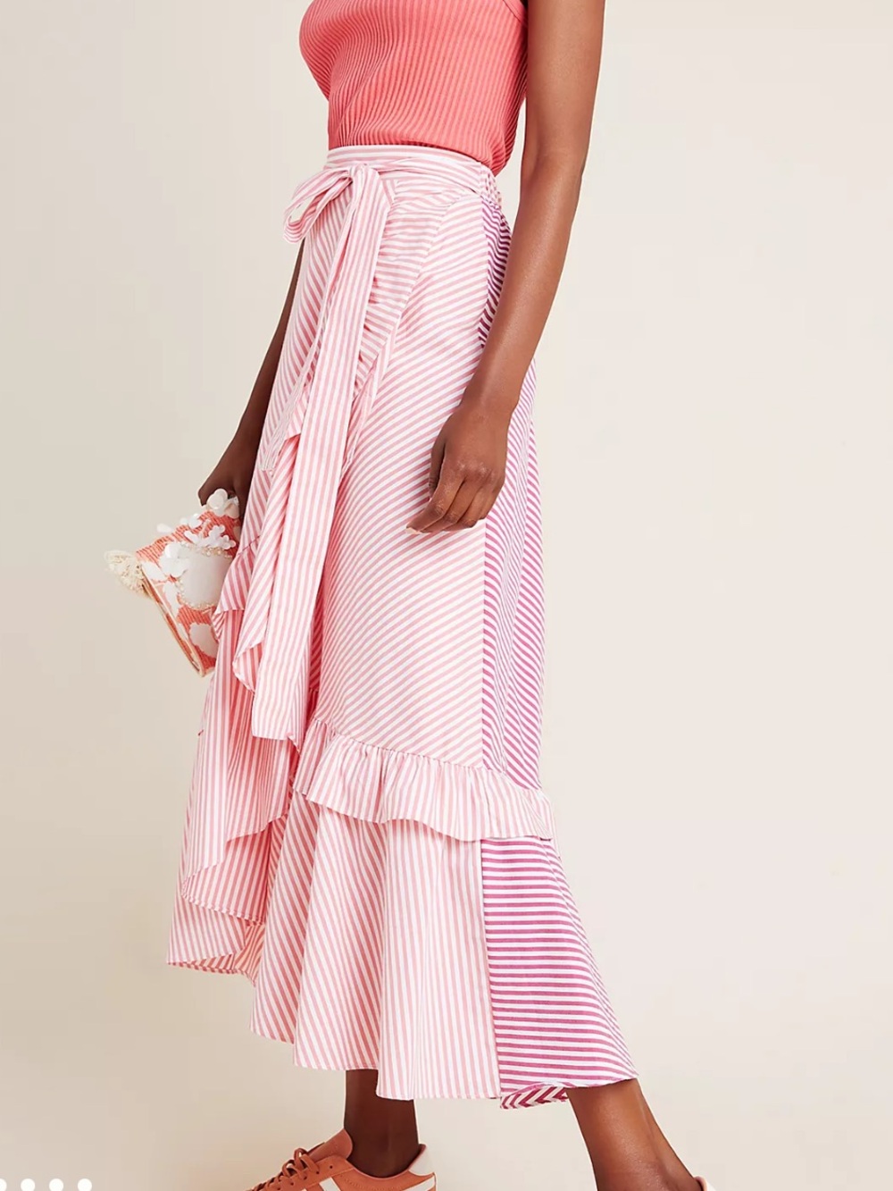 Anthropologie Maeve Penny Ruffle Pink Striped Wrap Midi Skirt